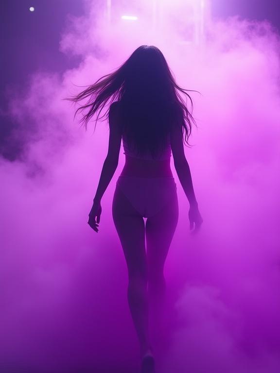Powerful silhouette of a woman moving forward. Long shiny hair sways. Surrounded by thick vibrant purple smoke. Cinematic lighting creates a high contrast scene. Background appears dreamy. Camera angle from behind and slightly low.
