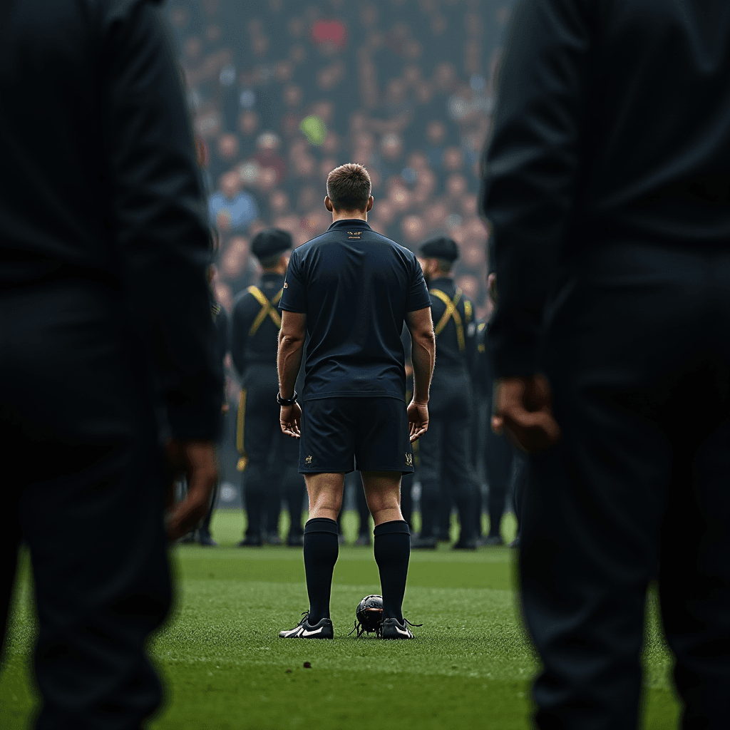 A person stands on a sports field facing a group of people in formation.