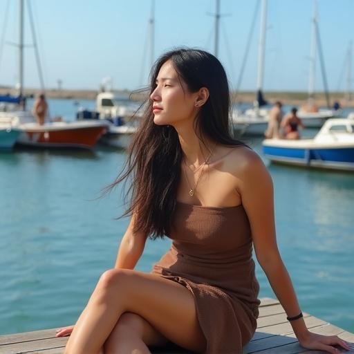 Image features a young woman sitting on a wooden pier at a harbor. She wears a brown strapless dress. Long dark hair flows gently in the wind. The woman gazes thoughtfully into the distance. Numerous boats are docked behind her. A few individuals are seen in the background engaged in activities. The clear blue sky and calm water add to the tranquil mood.