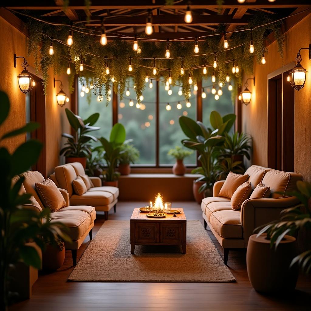 This image depicts a cozy indoor seating area designed for relaxation and social gatherings. The space is warmly lit by string lights and lanterns, creating a welcoming ambiance. Surrounding the seating area are lush green plants, emphasizing a connection with nature. The furniture is arranged to promote conversation and comfort. The overall atmosphere is serene, perfect for unwinding or entertaining guests.