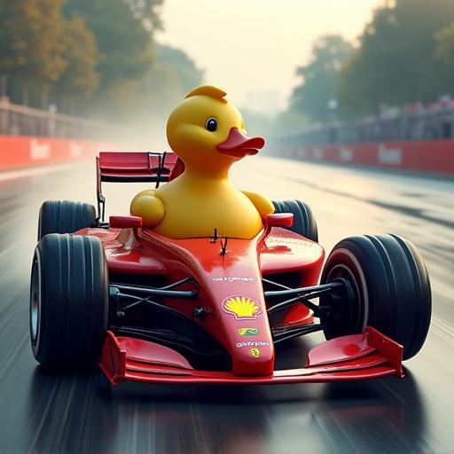 A rubber duck driving a Ferrari Formula 1 car on a racetrack. Early morning light, slight mist on the track. The car details include signature red paint and racing wheels.