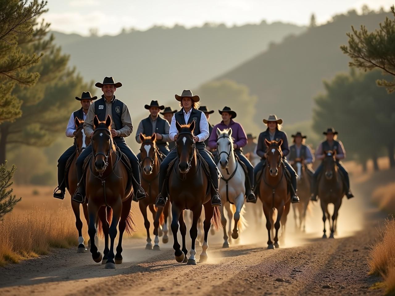 The image shows a group of horseback riders traveling along a dirt road. The riders are mostly wearing hats and are dressed in casual outdoor clothing. They have numbers on their backs, suggesting they are part of an organized event. The landscape is rustic with trees and hills in the background, and it appears to be early morning with soft sunlight illuminating the scene. The atmosphere seems tranquil and focused on the riders as they move together in a line, indicating a sense of camaraderie among them.