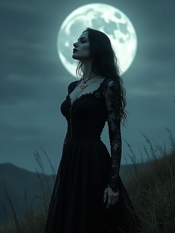 Lone mature goth woman with long black hair and dark makeup stands on a windswept hill gazing up at a full moon. She wears a black lace dress and a silver pentagram necklace. Her expression is mysterious and alluring. Moonlight casts a dramatic silhouette. Styled in gothic romance and dark fantasy.