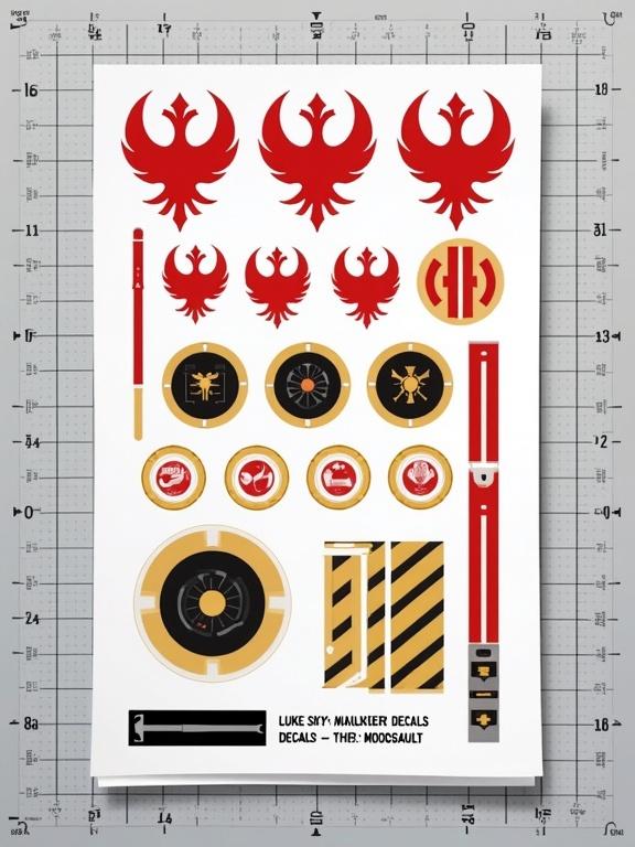 Sticker sheet designed in Star Wars style themed around Luke Skywalker’s Rebel pilot helmet. Vertical layout on white background. Three large red Rebel Alliance insignias on top. Grid of 12 small circular symbols beneath with red or yellow backgrounds and black arrows. Two symmetrical black and white circular designs next. Yellow-and-gray striped hazard pattern on right. Two long red vertical stripes aligned. Bottom has black rectangle with white text and Aurebesh script. Crisp vector-style graphics flat design.