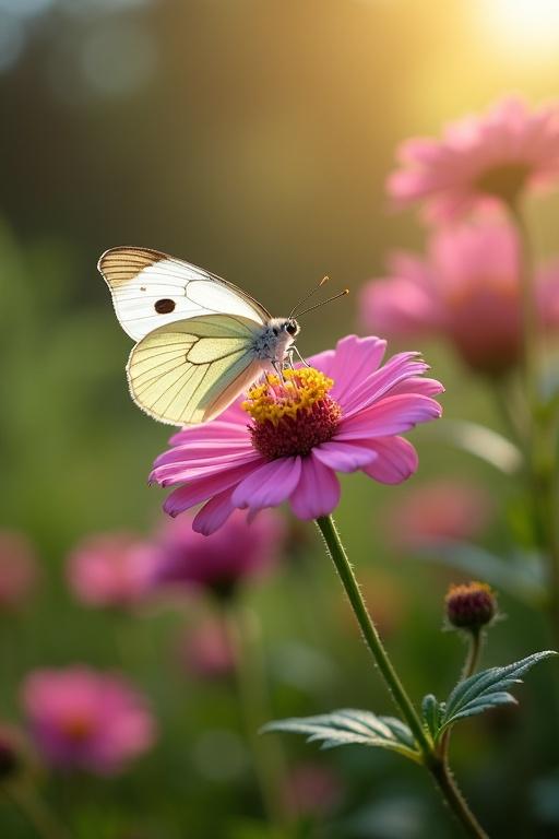 A butterfly with white wings and dark pink highlights rests on a vibrant pink flower in a sunlit garden.