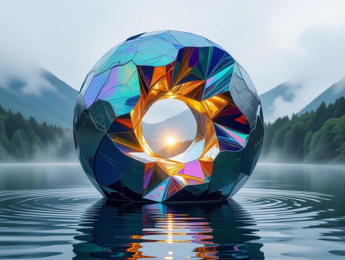 Masterpiece sculptural oil painting features thick, juicy brushstrokes. A biomechanical artifact floats on a misty lake. The core glows with translucent paint casting light rays. Rich colors and dramatic contrasts create depth. No text or signatures present.