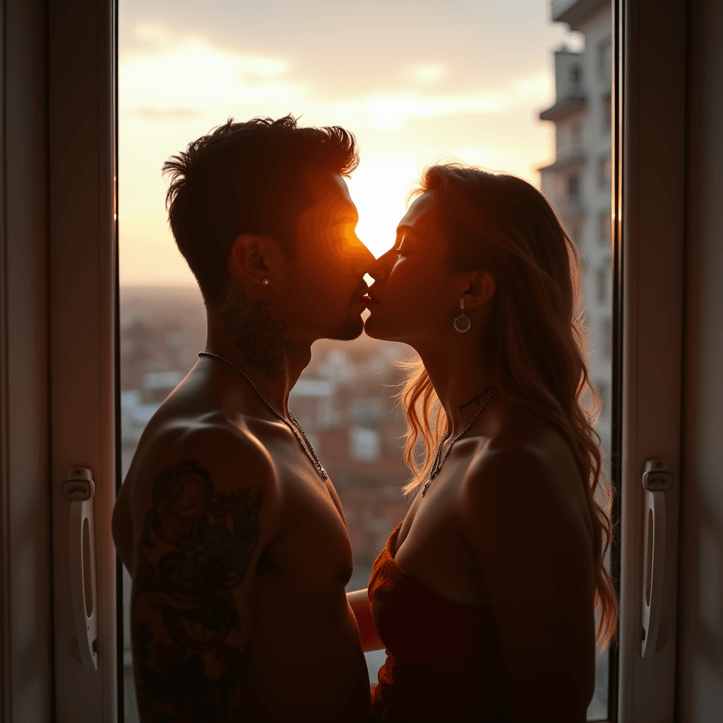 A couple shares a tender kiss in front of a window during sunset, creating a romantic silhouette.