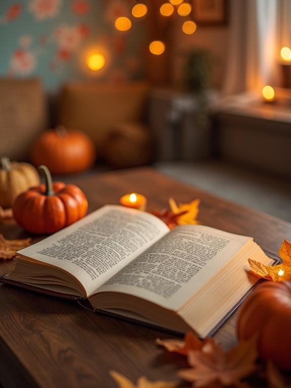 Two books on a coffee table with autumn decorations. Cozy living room with warm lighting. Tranquil atmosphere. Focus on lit wax surface with patterns. Blurred background of pastel wallpaper and wooden floor. Close-up view from above.
