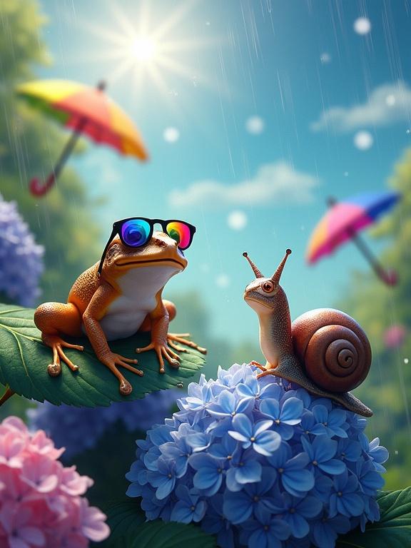 Smartphone wallpaper with sunny sky and light rain colorful umbrellas frog with rainbow sunglasses blooming hydrangeas snail on a leaf