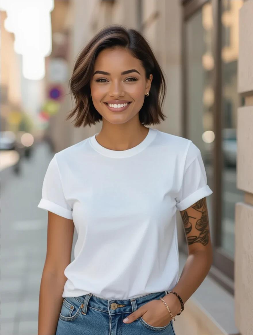 A young stylish African woman stands in the city. She wears a plain white T-shirt. Soft daylight highlights her natural makeup. The background shows an urban setting. The woman has a tattoo sleeve on one arm. Her pose is dynamic and casual. The T-shirt fabric appears smooth. She accessorizes with wrist bracelets. The image has neutral tones. Focus on her outfit and expression.
