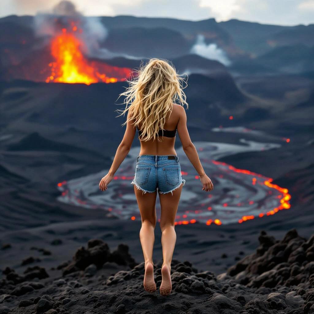 Blonde girl in booty shorts seen from behind over an active volcano her feet are off the ground