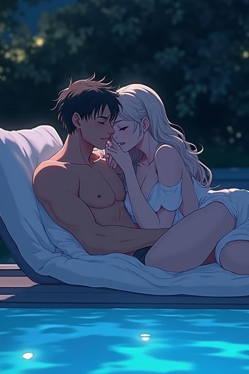 Two ethereal figures relax on a luxurious poolside chaise lounge at night. A soft and gorgeous feminine androgynous male reclines against his boyfriend's strong frame. The scene depicts an intimate moment that conveys love and connection. Beautiful night setting enhances the romantic atmosphere. Digital illustration rendered in anime style.