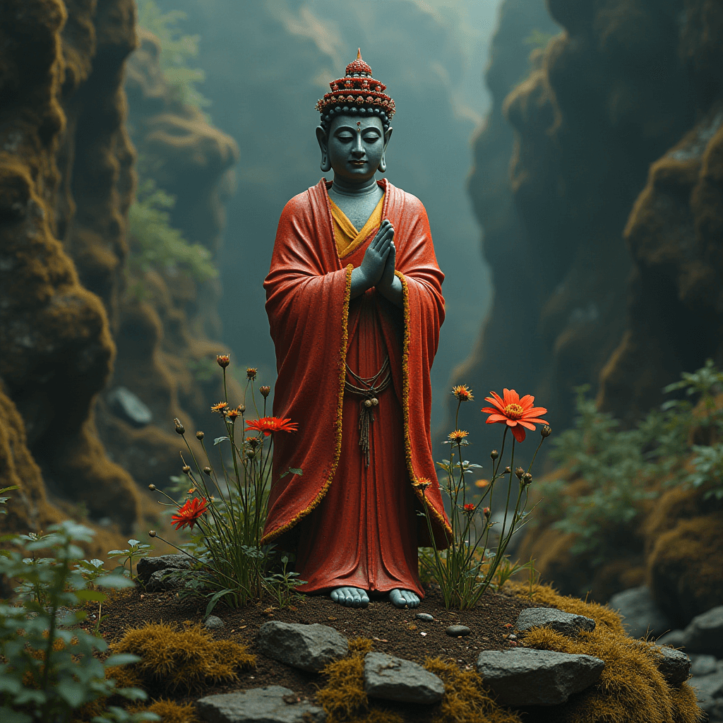 A serene Buddha statue amidst vibrant flowers in a lush, misty forest setting.