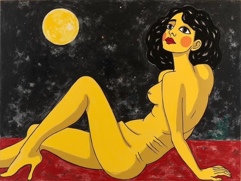 Painting depicts a nude woman reclining with flowing hair. Background features a large moon. Bright colors used for figure. The atmosphere is intimate and artistic.