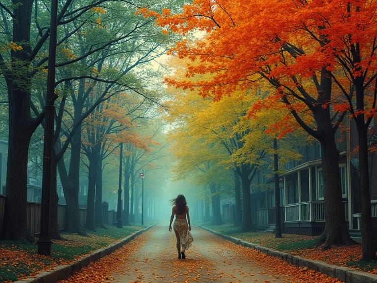 A serene city street lined with autumn trees in vivid colors. A woman walks away along the path. The environment feels dreamy and calm.