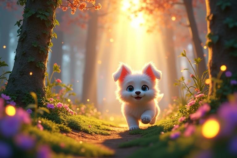 Vibrant ultra-HD 4K animated scene in a 9:16 ratio featuring a magical forest. Towering glowing trees covered in sparkling vines and colorful flowers. Bright golden sunlight streams through the canopy. Tuku, a fluffy white puppy with expressive eyes and a playful demeanor, bounds happily along a mossy path. Glowing fireflies litter the scene. The forest is alive with vivid greens, purples, and blues, with a soft mist for a mystical aura. Warm radiant lighting highlights Tuku’s fur with a glossy sheen.