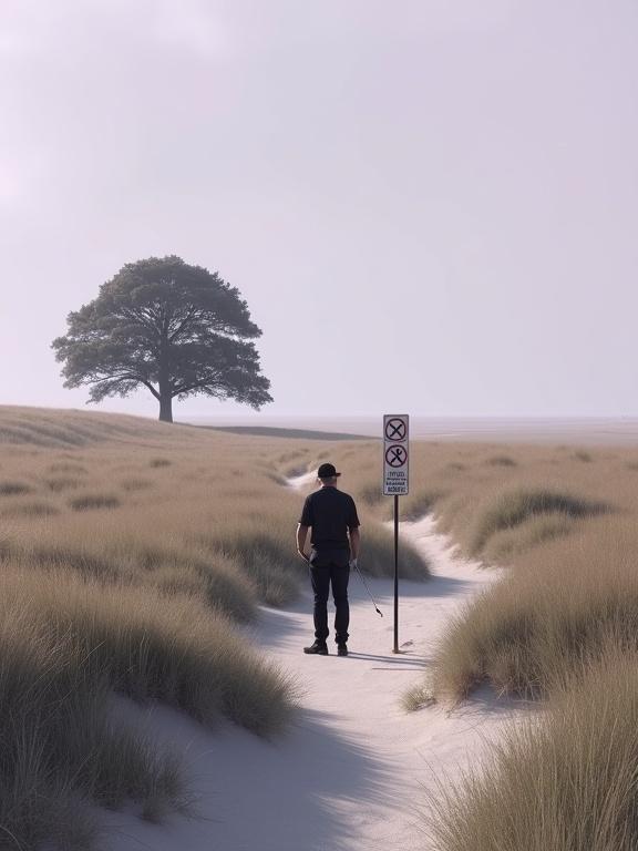 Create a photorealistic landscape of grass-covered dunes. The horizon is high and slightly foggy. An oak tree stands in the middle distance. A man in a cap holds a golf club. A prohibition sign is nearby. The sky shows some clouds with purplish tones.