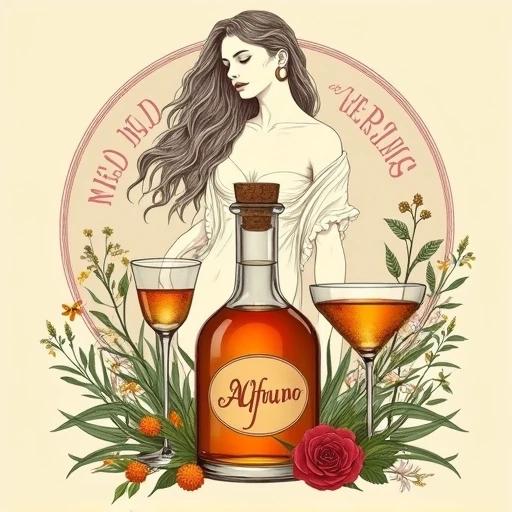 Stylized illustration of an herbal liqueur bottle. Bottle has cork lid and tag labeled ALFRUNO. Two stemmed glasses filled with liqueur beside it. Surrounded by herbs and flowers. Upper body of a Venus figure above bottle in earthy tones. Background is muted beige with circular text in red.