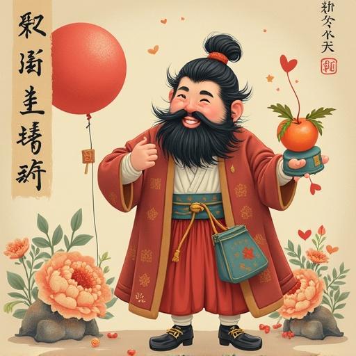 Character with a beard and traditional attire holds an orange and a balloon. Surrounded by decorative plants. Characters in the background and festive colors.