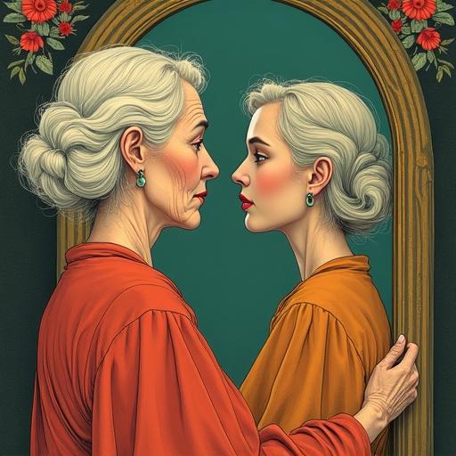 Design a book cover with an elderly woman before a mirror. Her reflection displays a younger, vibrant version. Color palette shows contrast between muted and bright tones. Style resembles Alphonse Mucha with intricate details and flowing lines. It captures nostalgia and longing.