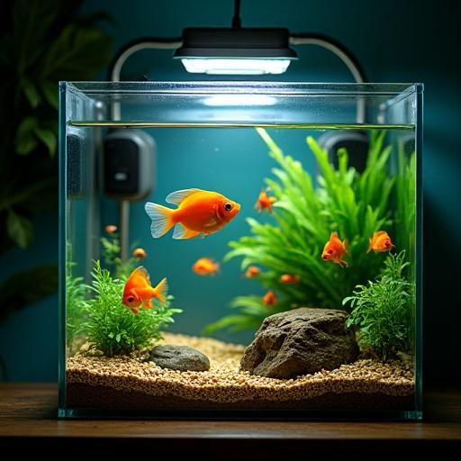 A beautiful aquarium showcases small goldfish swimming gracefully. The tank is illuminated by a bright overhead light. Lush green aquatic plants surround the fish. Stones are strategically placed on the sandy bottom. A heater is visible in the tank to maintain temperature.