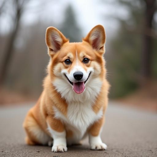 Corgi dog sitting on a road with a happy expression. Natural background with trees. Bright, cheerful atmosphere.