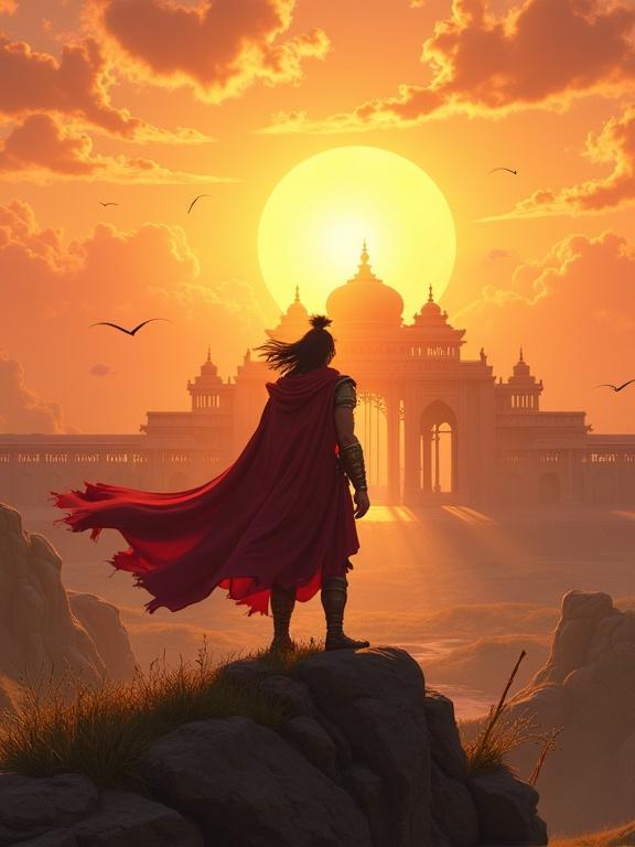 Wide cinematic shot 3D pixel view of Karna standing on a hilltop looking at the majestic gates of Hastinapura in the distance sun behind him wind rustling his warrior clothes glowing with determination music swelling with hope and ambition