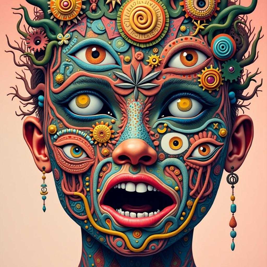 Create a vibrant surrealist portrait of a face packed with intricate details and symbolic elements. The face is a collage of shapes, patterns, and objects. Use a mix of organic and geometric forms. Include multiple eyes with unique designs, multiple mouths with varying expressions, and a variety of patterns like geometric shapes and floral motifs. Incorporate symbols like gems, crystals, animals, and mythical creatures. Use a bright color palette and create strong light and dark contrasts. Set against a soft pastel background. Evoke wonder and chaos, exploring themes of identity and the subconscious mind.