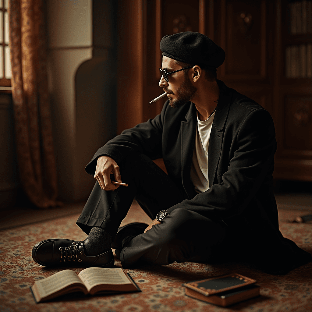 A person in a beret and sunglasses contemplatively sits on a patterned rug amidst open books.