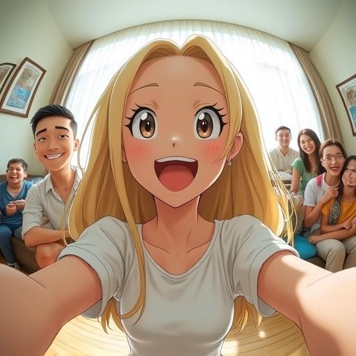 A group of friends taking a cheerful fisheye selfie in a bright living room. The model has long blonde hair and a white outfit. Integrated characters from popular anime. They all show happy expressions.