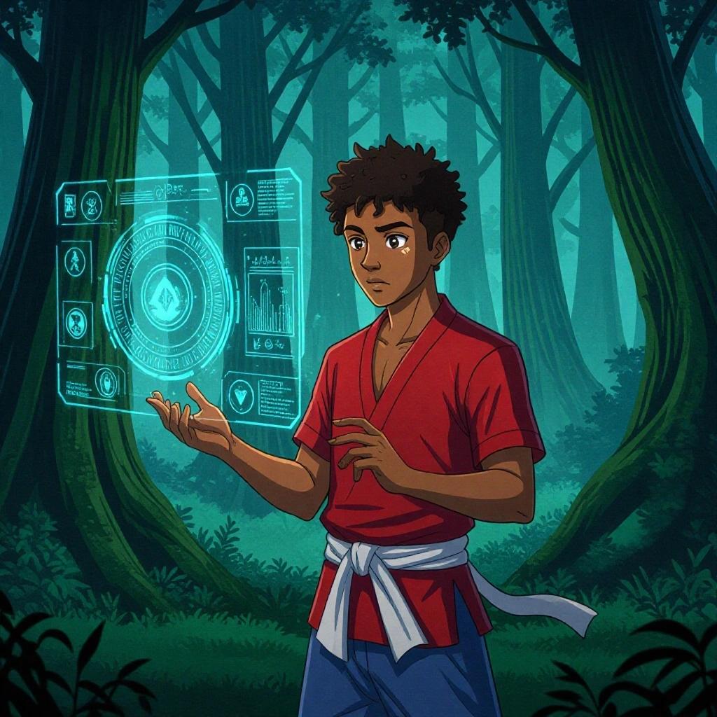 Anime-style illustration of a young man in a forest. He has medium brown skin and curly black hair. He looks curious at a glowing holographic interface. The interface has magical runes and symbols. He wears a red martial arts shirt and blue pants with a white sash. Background has tall trees and glowing mist. The scene feels mysterious and powerful.