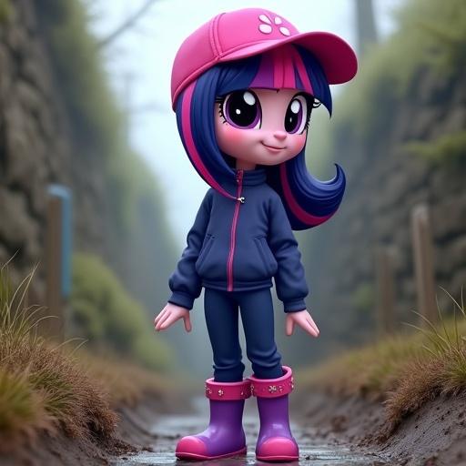 Cartoon girl character with navy blue hair and pink-purple stripes. She stands in an old muddy World War I trench. Wearing a pink baseball cap, navy-blue top and pants, purple wellies. Ground has puddles.
