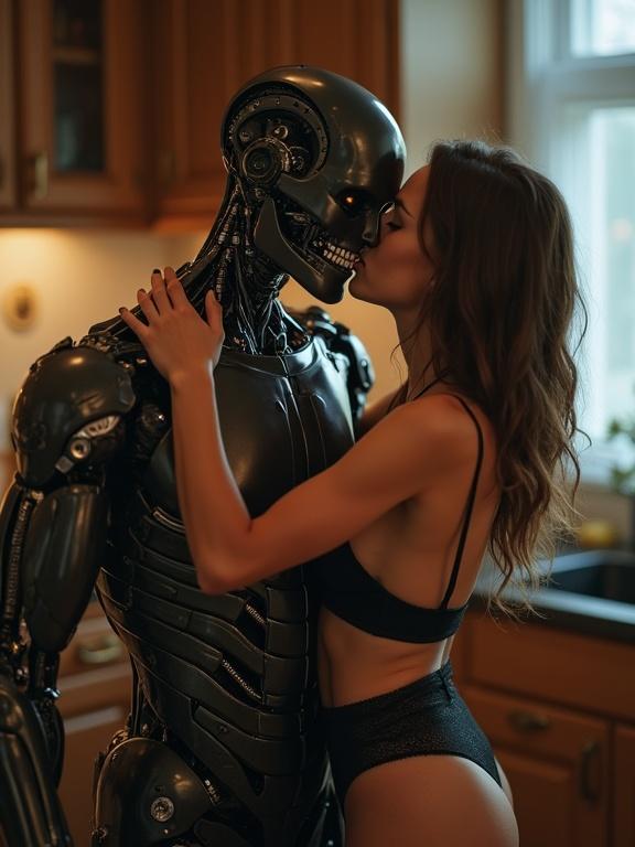 A romantic scene with a woman kissing a robot. They are in a kitchen. The woman wears lingerie. The robot is cooking dinner. The setting is calm and serene.