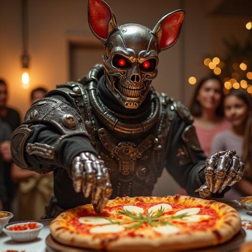 A robot resembling a terminator figure prepares a pizza featuring rabbit ingredients at a festive birthday celebration for children
