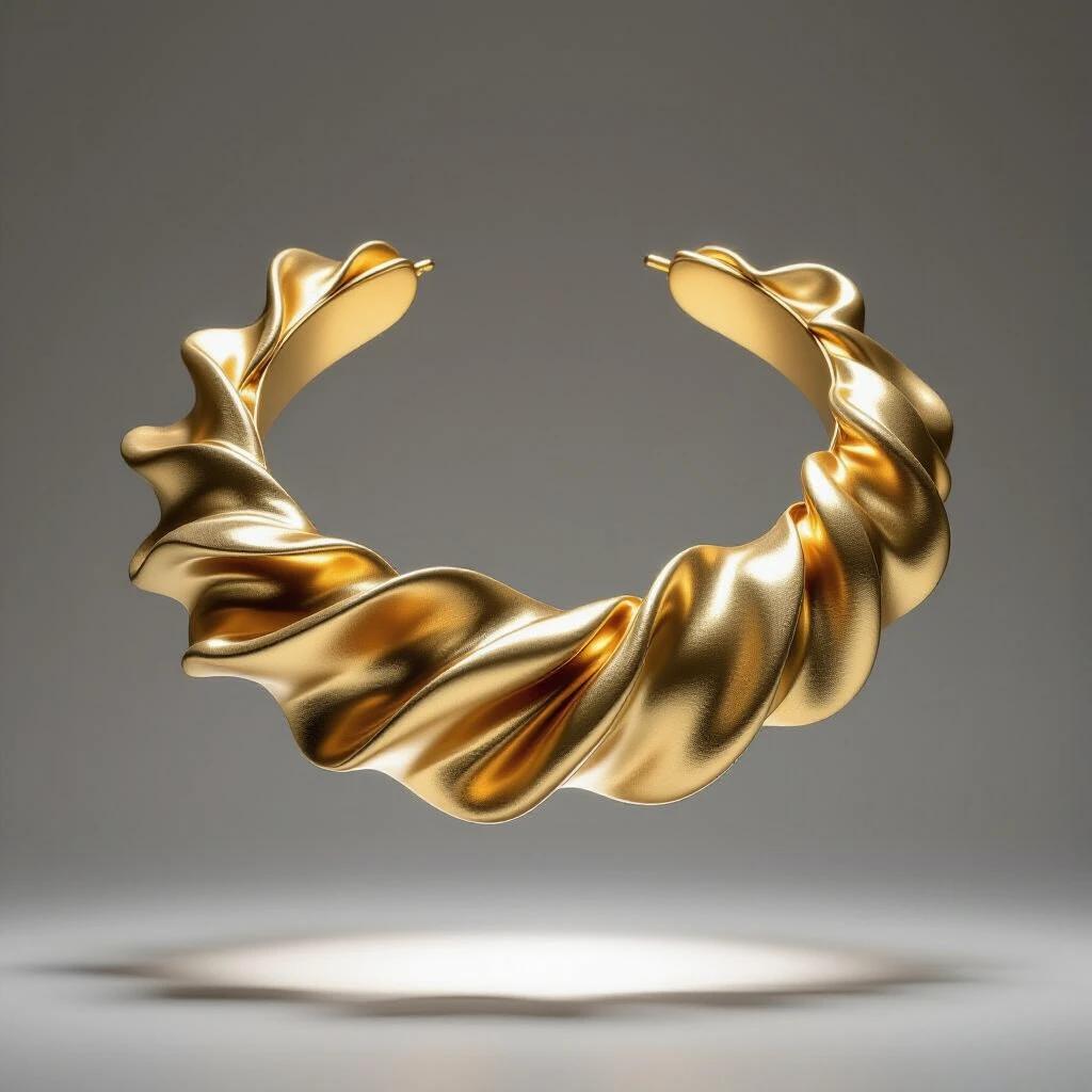 A still-life image of a biometric gold collar with soft flowing curves. The jewelry is suspended in mid-air against a neutral gray background. Light and shadow create a dramatic effect highlighting the smooth surfaces and organic shapes. The collar appears to float and shimmer with warm golden reflections. Hyper-realistic rendering with clean composition.