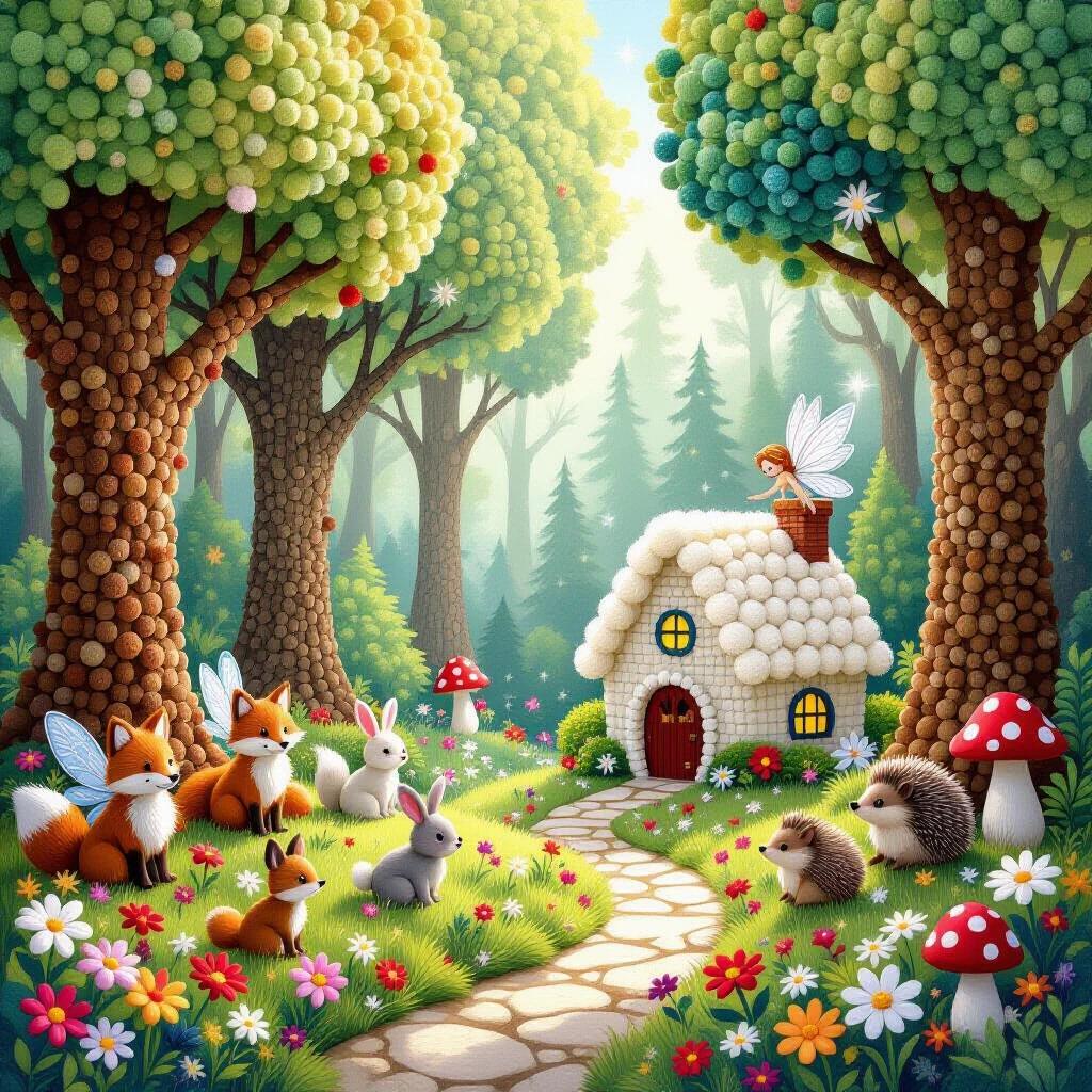 A whimsical pom pom art scene in a forest. Towering trees have brown trunks and green foliage. A charming cottage made of cream pom poms sits in a clearing. Colorful wildflowers are scattered around the cottage. Foxes rabbits and hedgehogs made of pom poms are present. Red and white pom pom mushrooms are scattered on the ground. A fairy with wings hovers nearby. The scene has a magical atmosphere with rich colors and warm lighting.