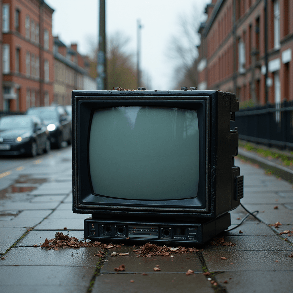 An old television set abandoned on a damp city sidewalk, surrounded by fallen leaves.