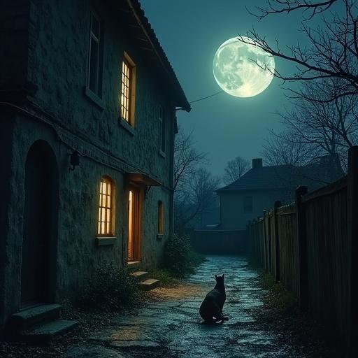 Alley behind an old house. Full moon shines. A guard dog beside a person stuck in a basement window, upper body out. Scene evokes tension and curiosity.