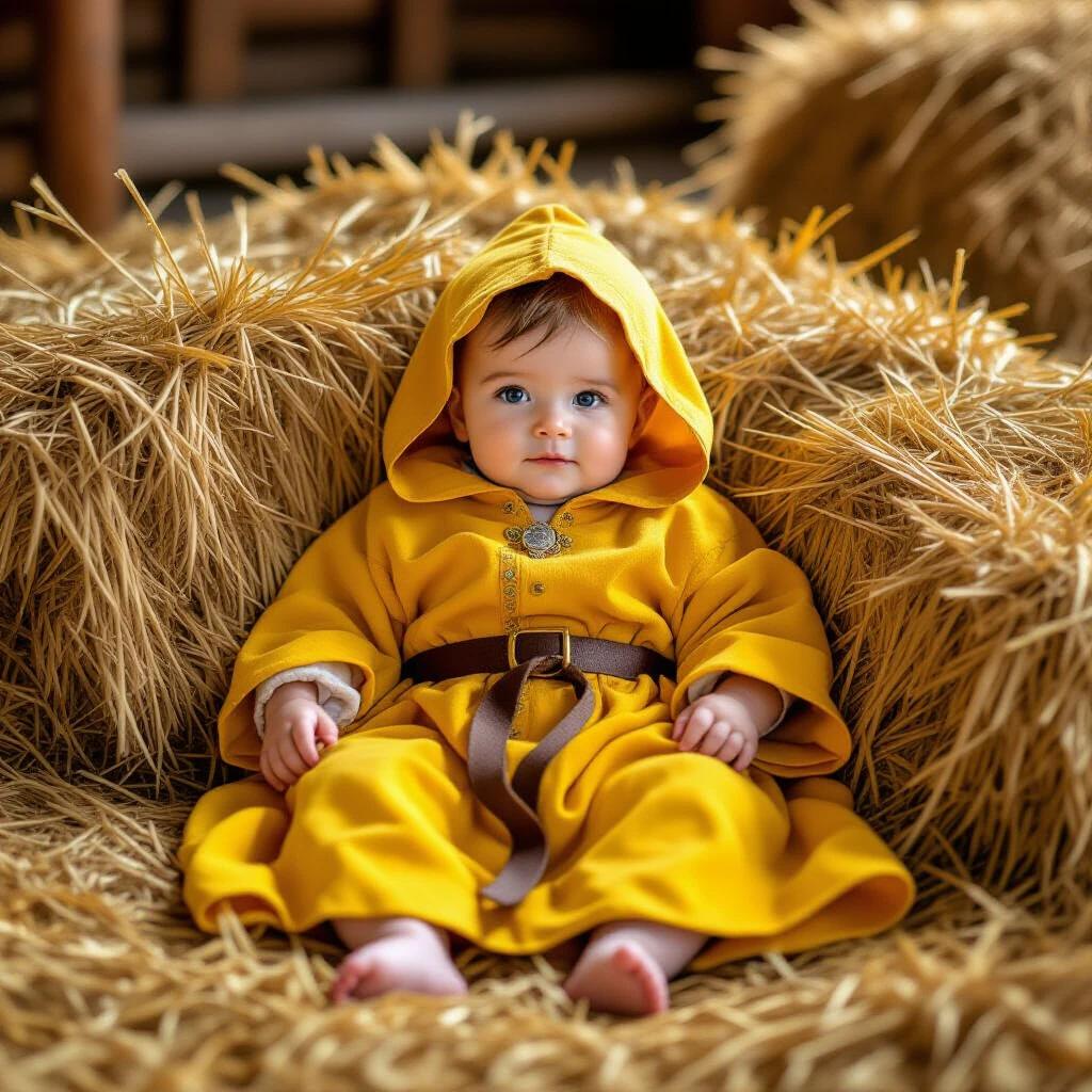 Baby wears a yellow medieval robe. Baby lays in a soft stack of hay.