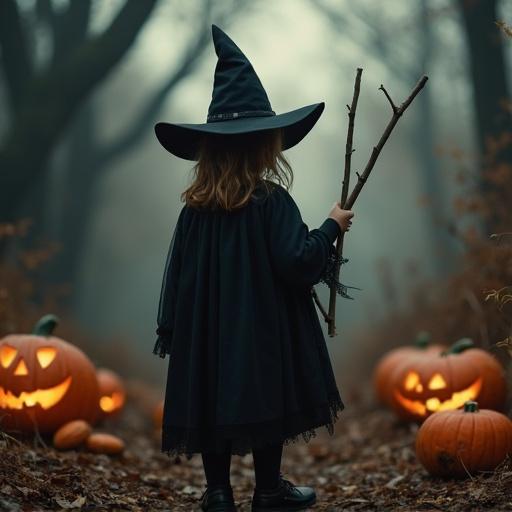 Child dressed as a witch standing in a dark forest with pumpkins. Witch has a stick and wearing a large hat. Background features trees and glowing pumpkins.