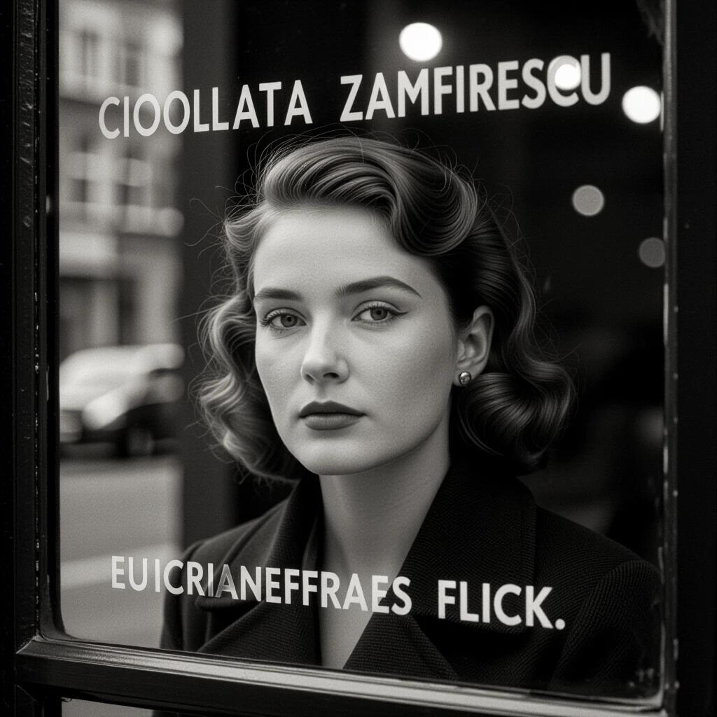 A classic shop window displaying the name Ciocolata Zamfirescu. The window features transparent text. The image is taken with the Leica IIIc through the glass, showcasing focus shift artifacts and atmospheric condensation streaks. The composition evokes a sense of pre-war tension in a relaxed posture. The frame crops above the forehead intentionally. Highlights on the cheekbones appear slightly overexposed. A vignette effect darkens the right edge due to sunlight position.