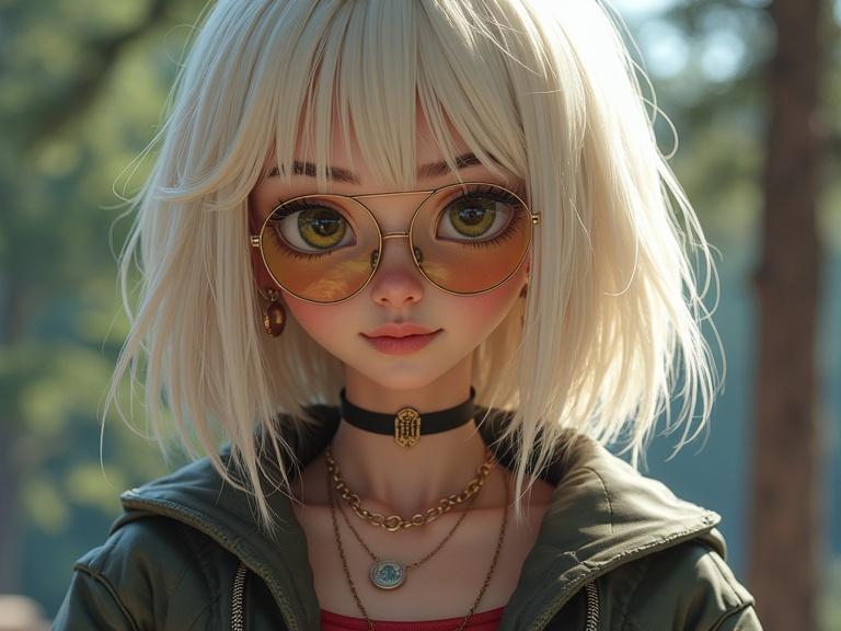 Portrait of a photo realistic detailed character with platinum blonde hair wearing stylish sunglasses and jewelry. Character exudes a trendy nerdy vibe and is set in an outdoor environment.