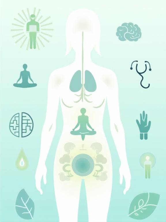 A digital illustration showing bladder health. Features outline of lower torso. Background has soothing gradient of blues and greens. Includes abstract urinary system elements. Icons for strength and balance like yoga, water droplet, and supportive hand. Medical symbols blended with nature themes. Aesthetics are professional and approachable. Evokes feelings of empowerment and hope.