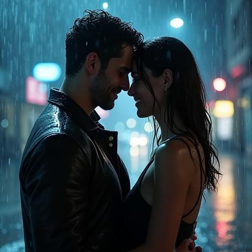 Romantic couple embracing in the rain. Man and woman soaked but smiling. Holding each other tightly. Water pours down around them. Background is city street. Wet pavement reflecting streetlights. Visible raindrops. Clothes clinging to bodies. Mood is emotional and cinematic. Lighting is soft with cool blue tones and highlights from distant headlights or shop windows. Hyper-realistic style with sharp facial expressions and dramatic atmosphere.