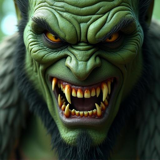 Portrait of a male orc with green skin and fangs. Features detailed wrinkles and sharp focus. Emphasizes best quality and ultra-detailed design.