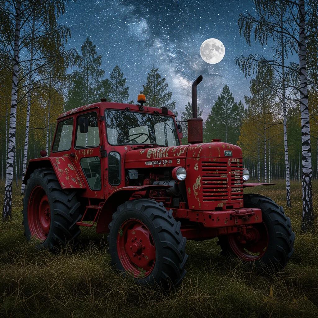 Photorealistic image of a giant Soviet Kirovets K-700 tractor in a dense birch forest. The scene captured in early autumn with a full moon shining on the tractor’s cabin. Fireflies dance around the wheels; a distant wolf howls. The Milky Way is visible through a broken roof. The tractor shows hyper-detailed decay with a cracked windshield, peeling red paint, and moss on the engine block, surrounded by overgrown ferns and wild strawberries. Sun rays pierce through fog, creating a golden hour glow illuminating dust motes. The atmosphere conveys the theme of nature reclaiming industrial power.