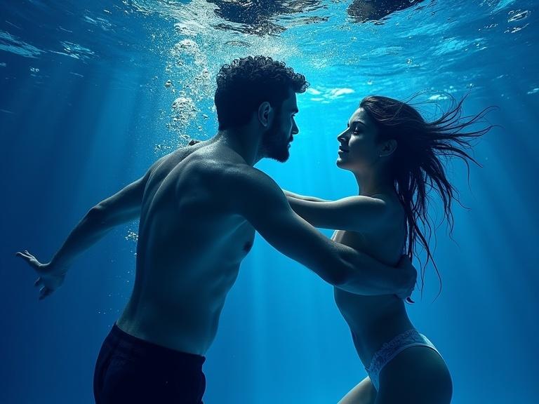 Surreal impressionist art captures a man swimming with a beautiful woman underwater. Artistic brushstrokes create vibrant blue textures. The scene radiates glowing blue light and deep shadows. Dreamy atmosphere with sharp details and high contrast. The artwork is reminiscent of Yves Klein and maximalist styles.