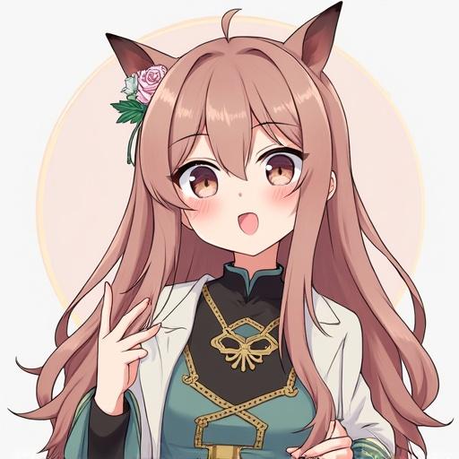 Anime girl character with cat ears and flower, smiling while making a peace sign, soft colors and warm tones.