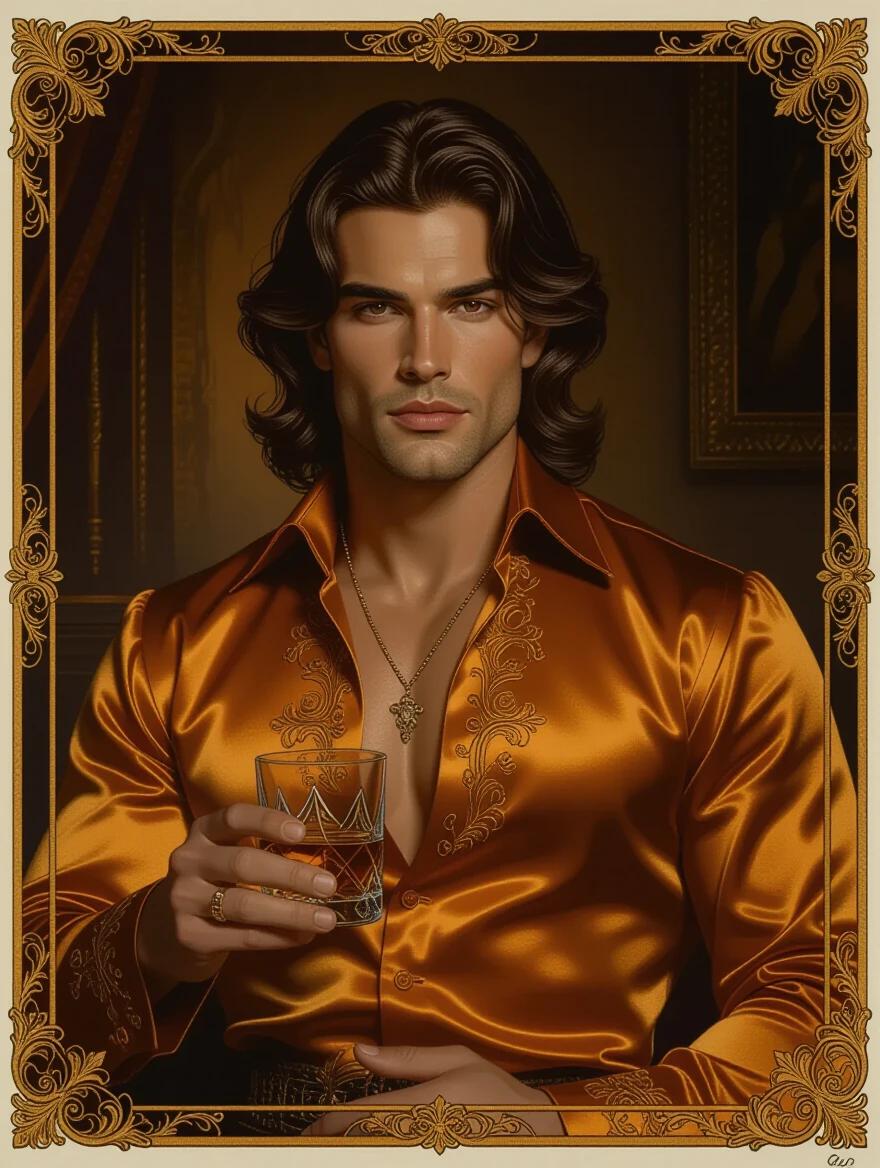 Oil portrait features a handsome muscular Spanish man in his 20s. The man has long wavy brown hair. He wears ornate ochre colored silk formal attire. He holds a glass of whiskey. The scene is set in a dim mansion room. The ambiance is dark and mysterious. Art nouveau border surrounds the image.