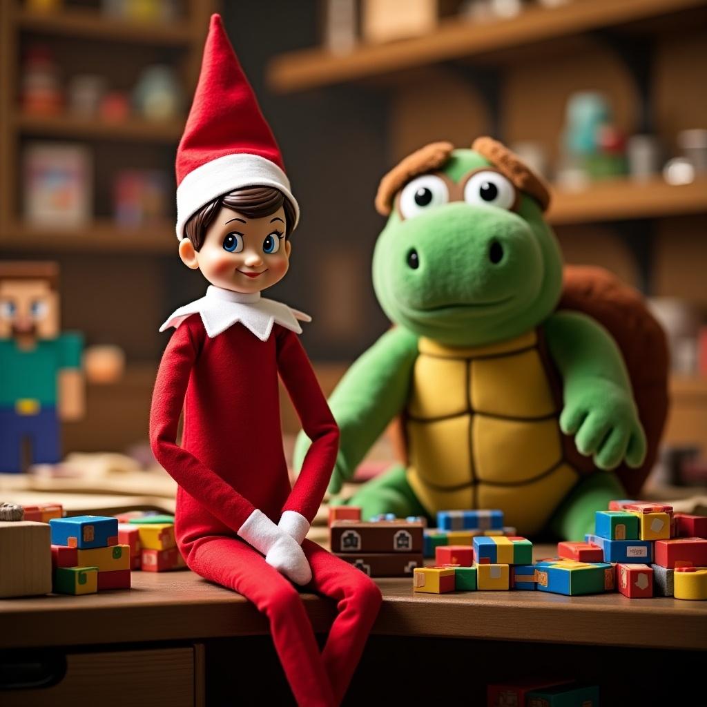 Elf on the shelf sitting in a colorful toy workshop with a Minecraft plush turtle.